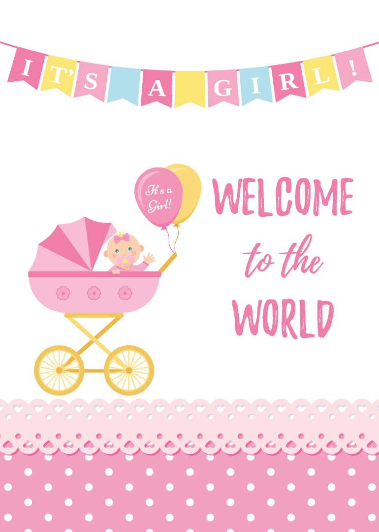 New baby girl card with pram, balloons, and colorful banner