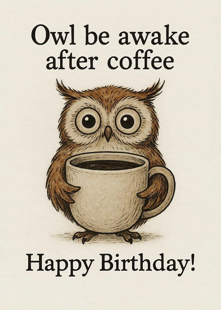 Cute owl holding a coffee cup with birthday message and pun text about being awake.