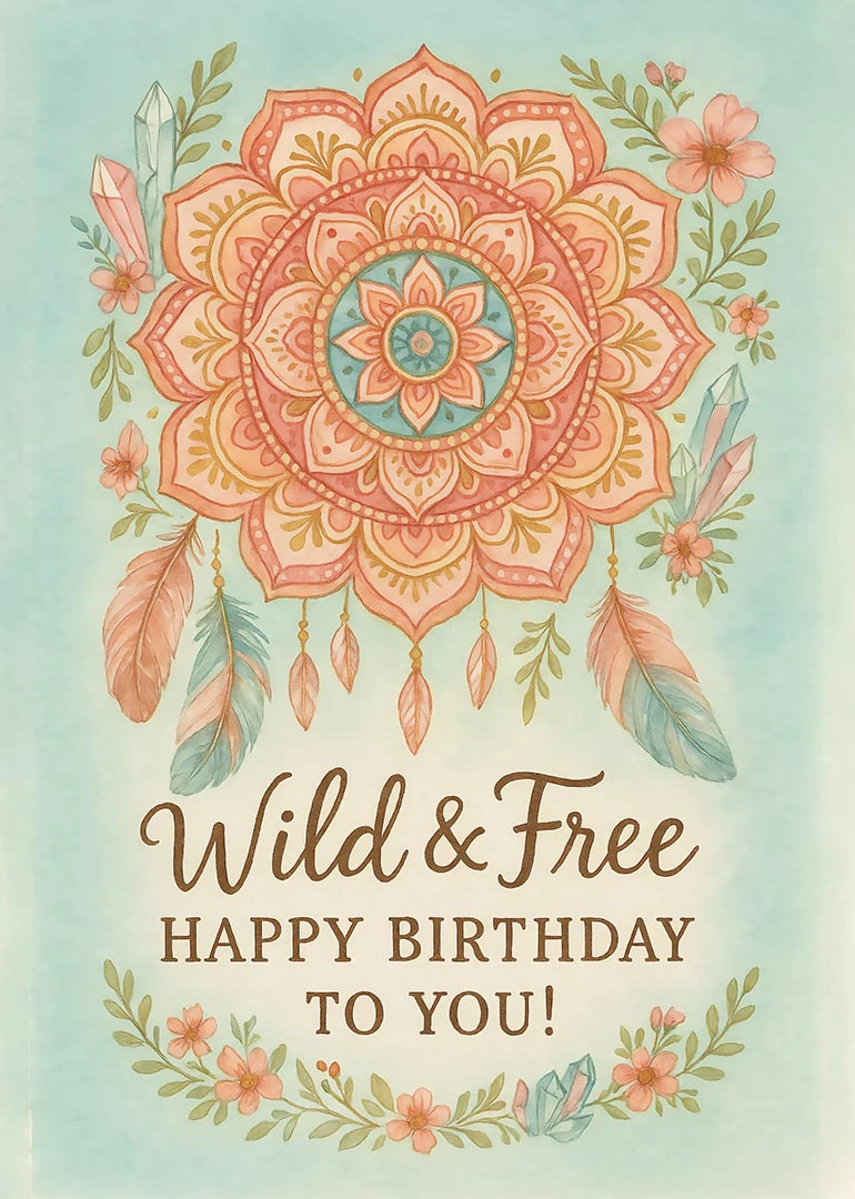 Watercolor boho mandala with feathers, flowers and crystals saying Wild and Free Happy Birthday card