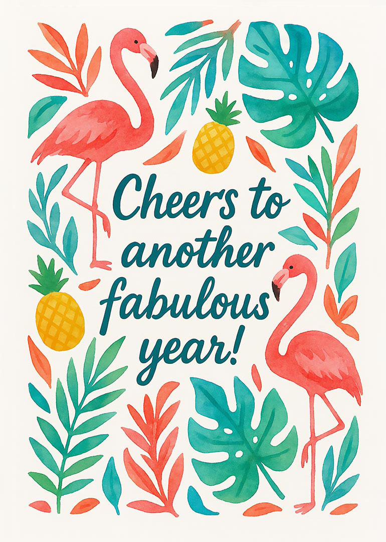 Watercolor flamingos with tropical leaves and pineapples surrounding birthday message