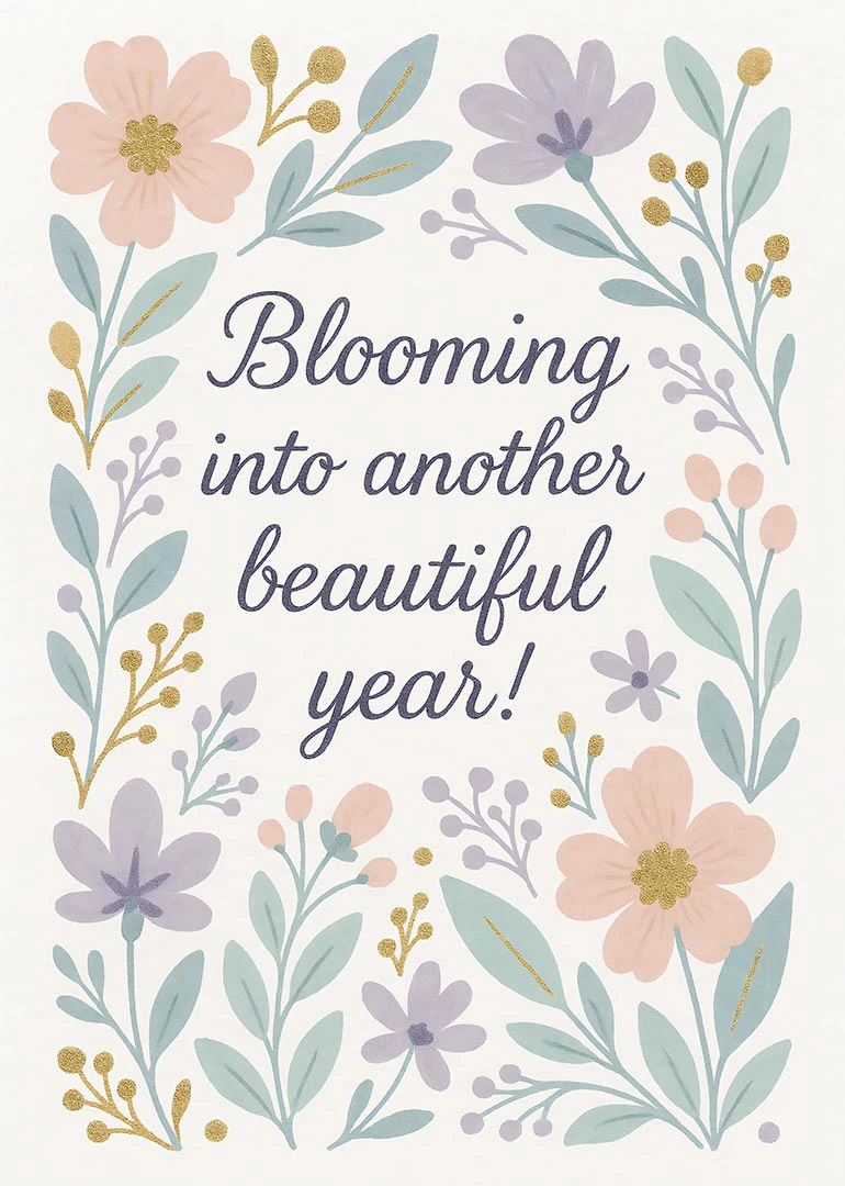 Pastel floral birthday card with the message Blooming into another beautiful year! in handwritten script.