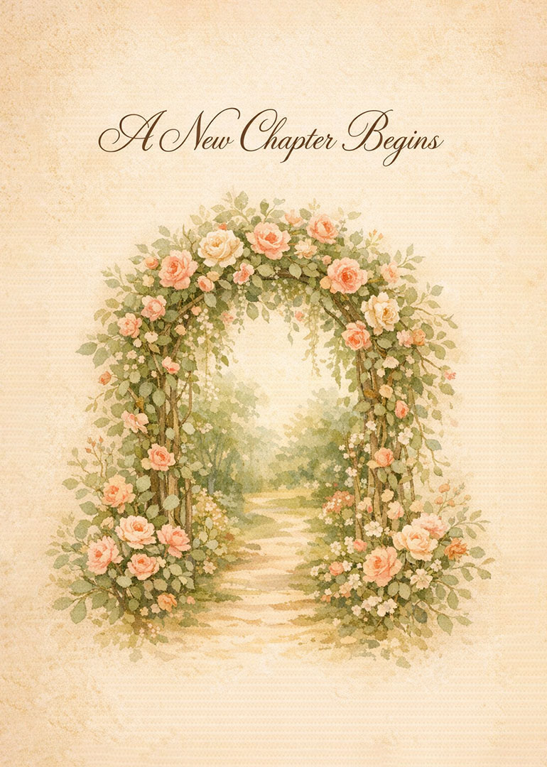 Watercolor painting of red rose arch with new chapter begins text