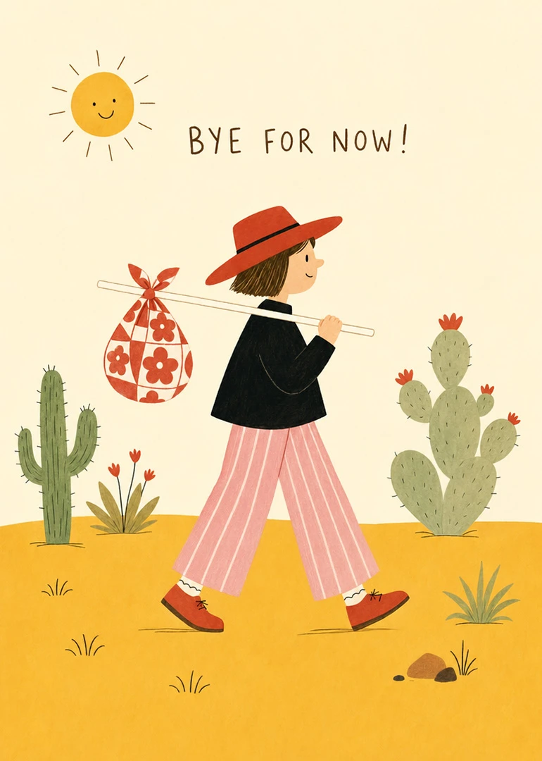 A person walks through a desert with cacti under a sun and Bye for Now.