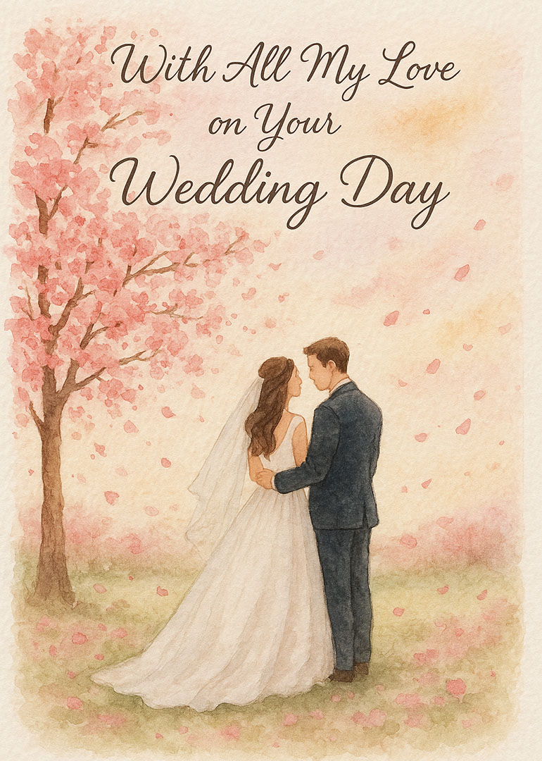 Watercolor painting of bride and groom under pink cherry blossom tree