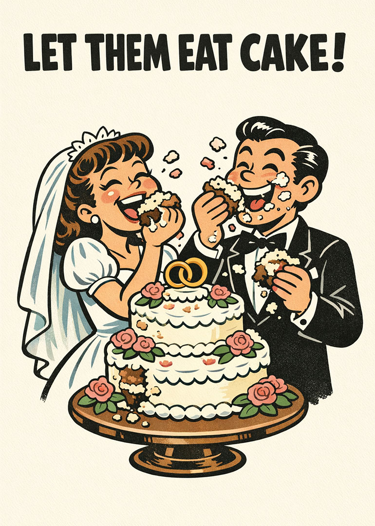 Bride and groom eating wedding cake with joyful expressions