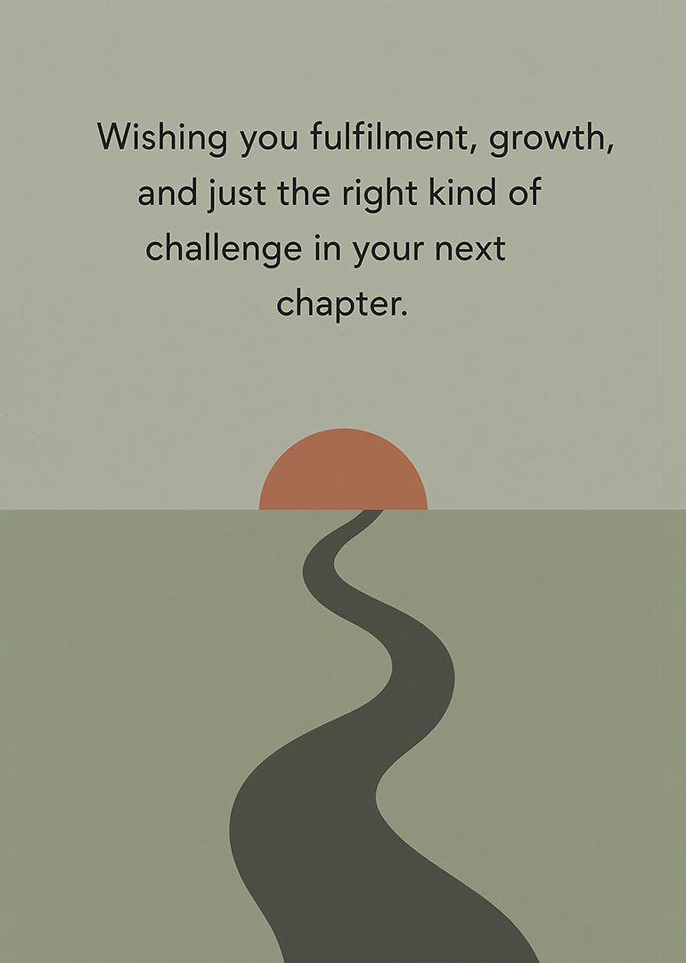 Minimalist card with winding path leading to sunset symbolizing new beginnings