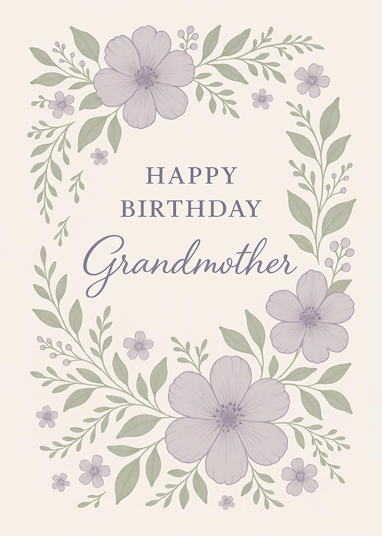 Birthday card with purple flowers and green leaves surrounding text for grandmother