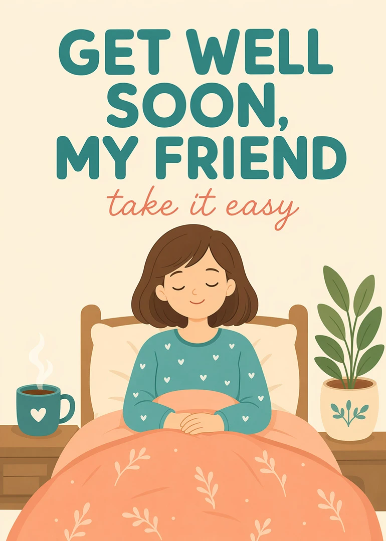 Woman resting in bed with tea and plant, saying Get Well Soon, My Friend above.