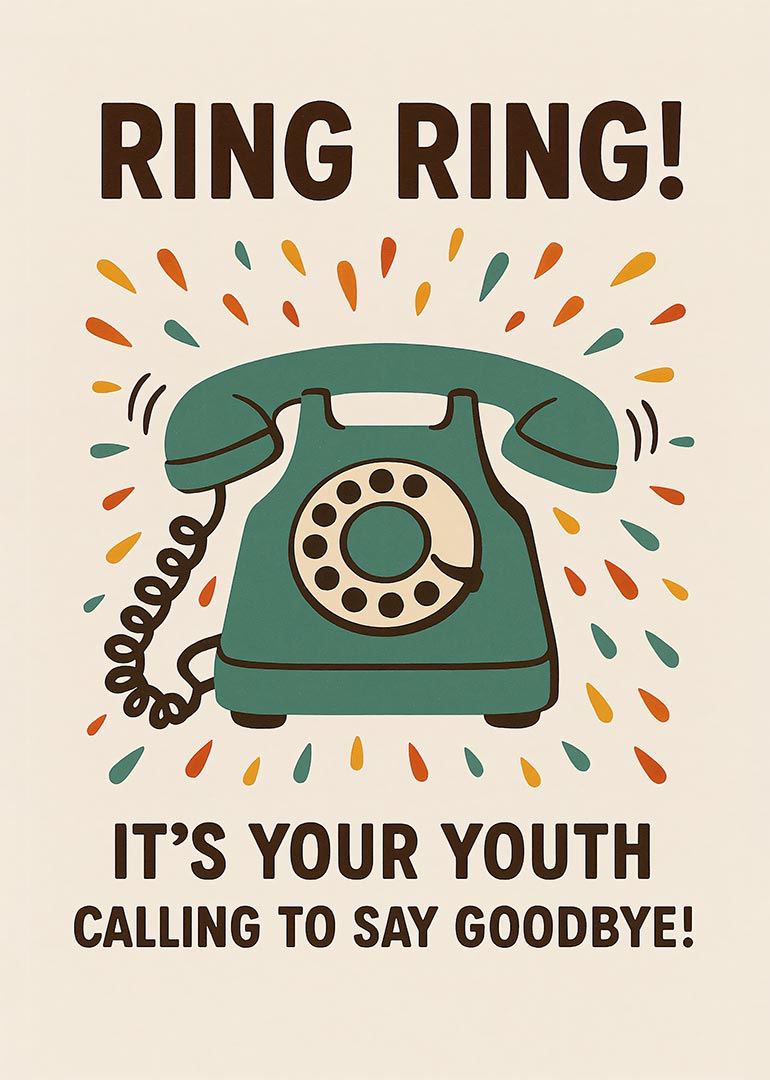 Retro rotary phone ringing with colorful drops and goodbye youth message