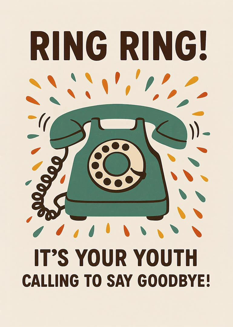 Retro green rotary phone card with Ring Ring and youth calling to say goodbye text.
