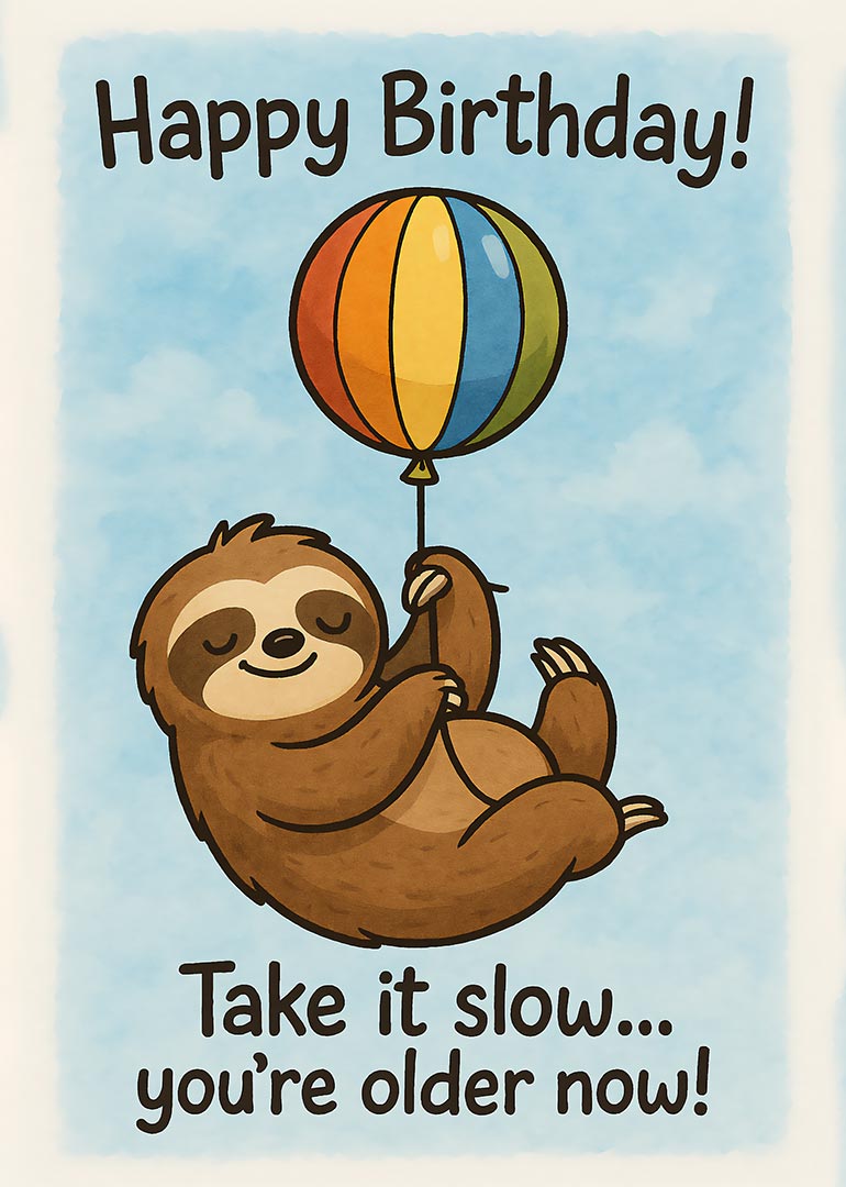 Cute sloth holding a colorful balloon with birthday message on blue background