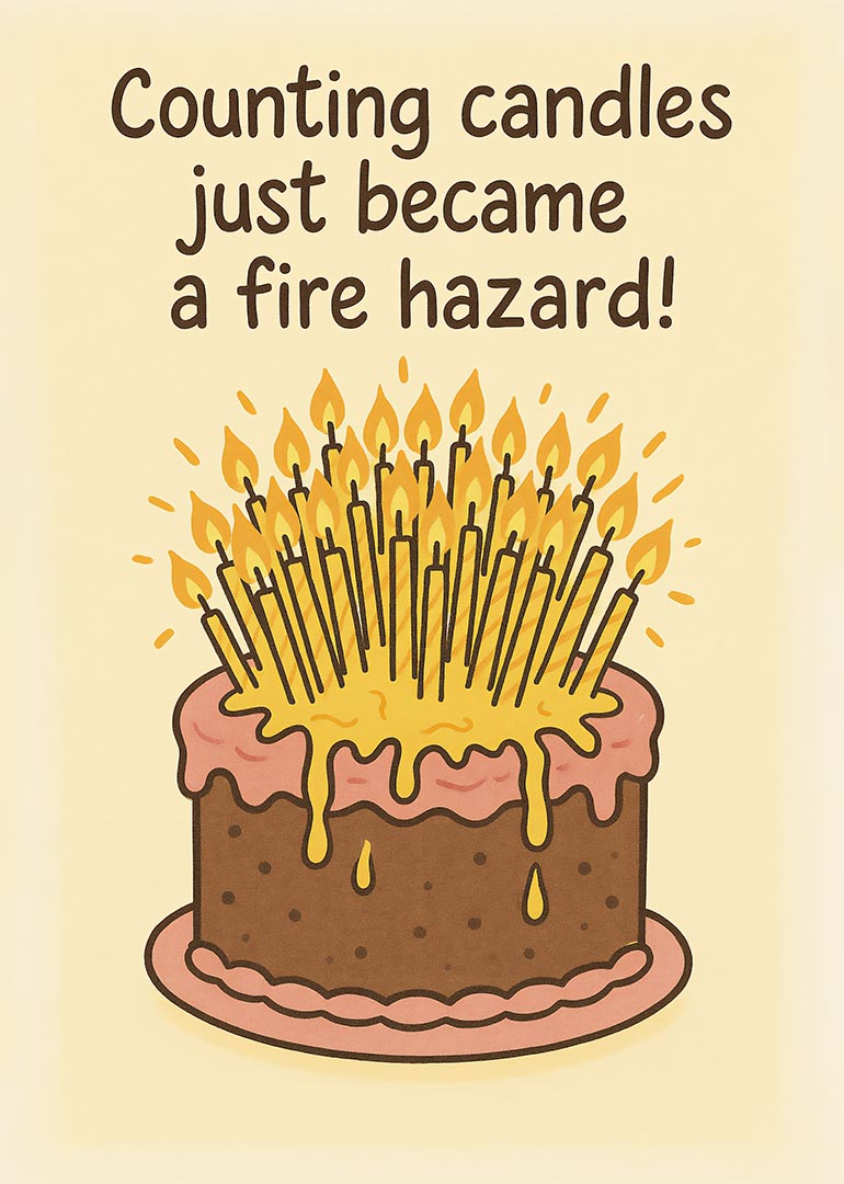 Birthday card with cake covered in many lit candles and humorous fire hazard text