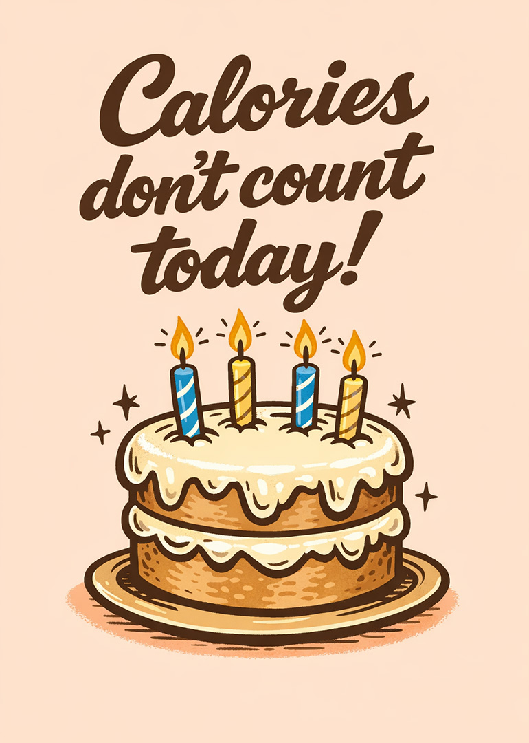 Illustration of a three-tier cake with four lit candles and humorous text