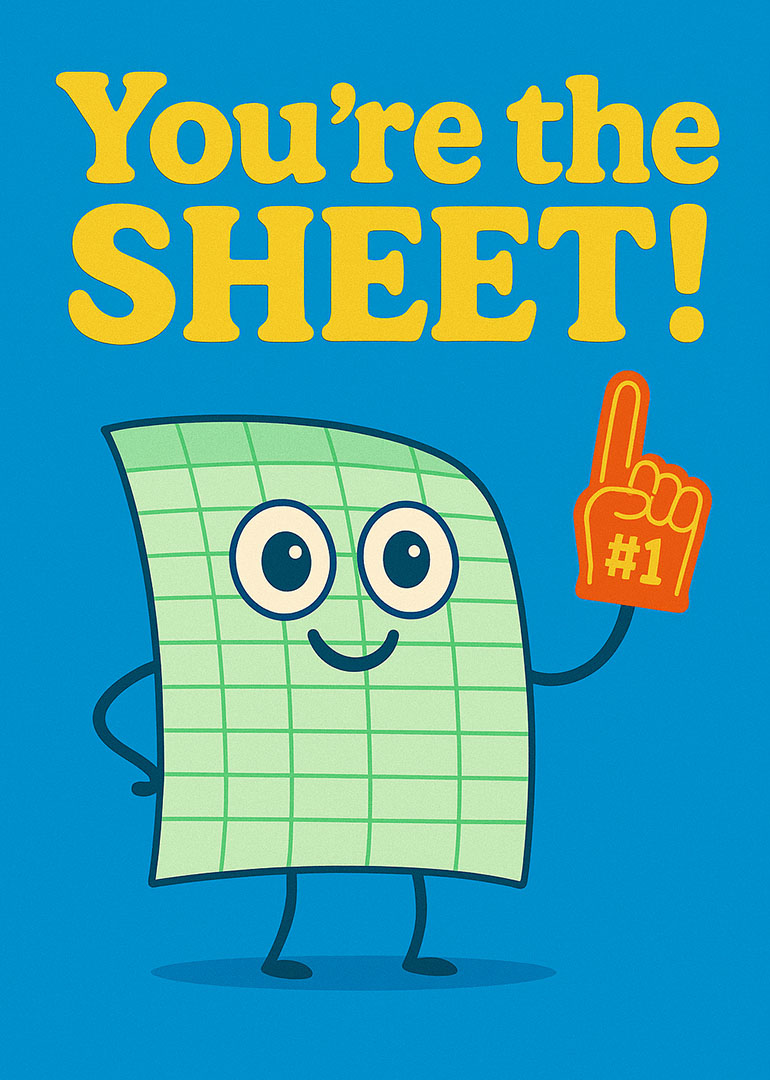 Cartoon sheet character with big eyes and #1 foam finger on blue background