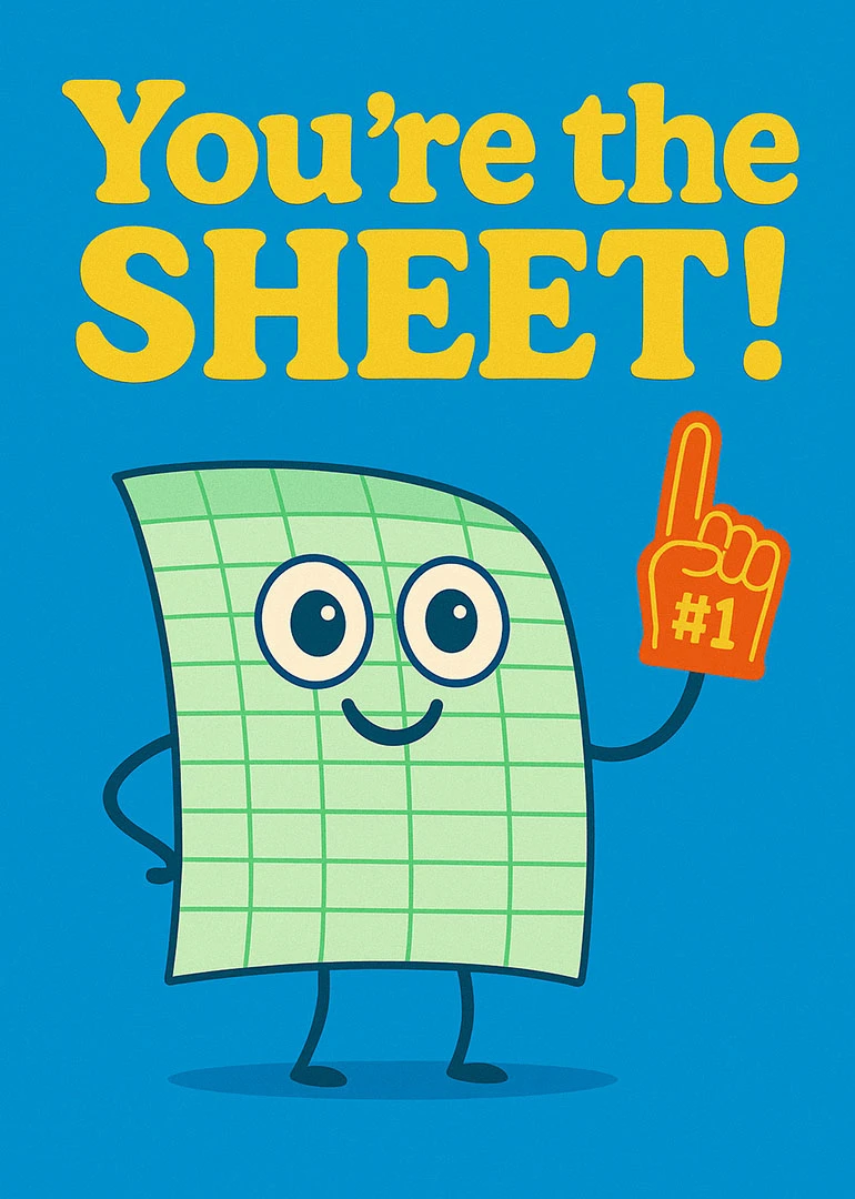 Cartoon green sheet character with foam finger and You're the SHEET! text on blue background.