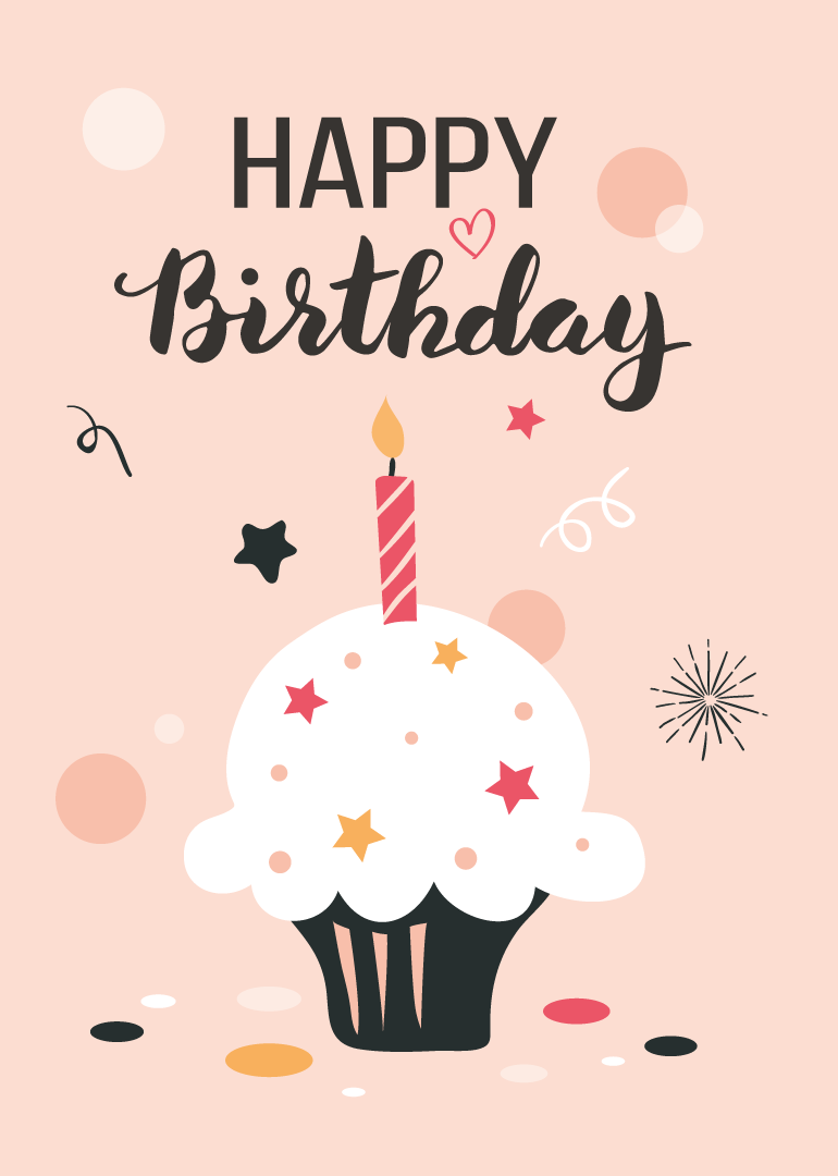 Birthday card with cupcake, candle, stars, and festive confetti on peach background
