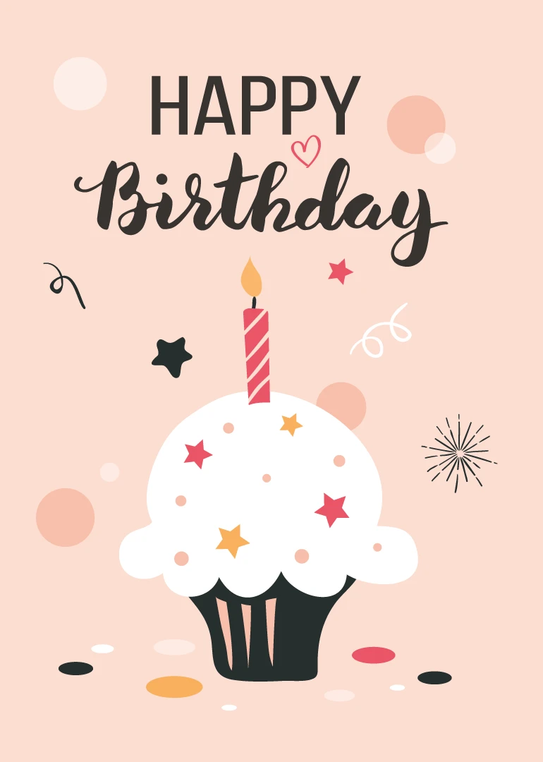 Pink birthday card with Happy Birthday text, cupcake, candle, and confetti on a pastel background.