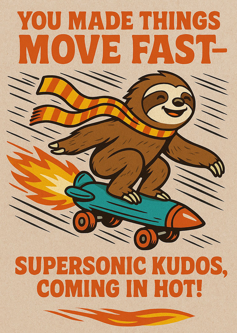 Cartoon sloth riding rocket skateboard with orange scarf and kudos message