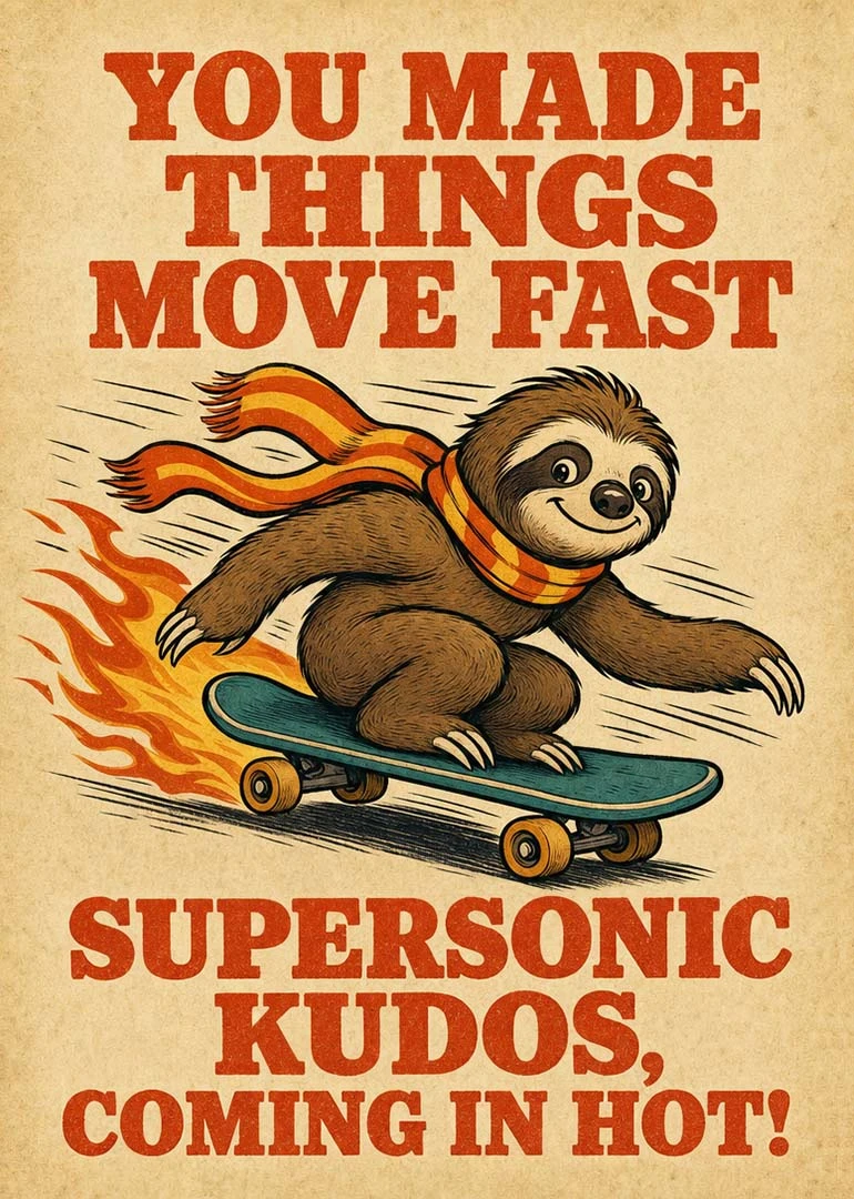 A smiling sloth rides a rocket skateboard under the words you made things move fast.