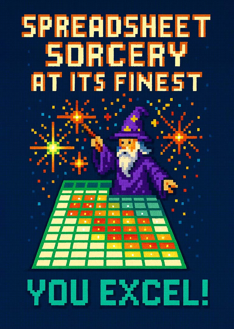 Pixel art wizard casting magic over colorful spreadsheet with glowing sparks
