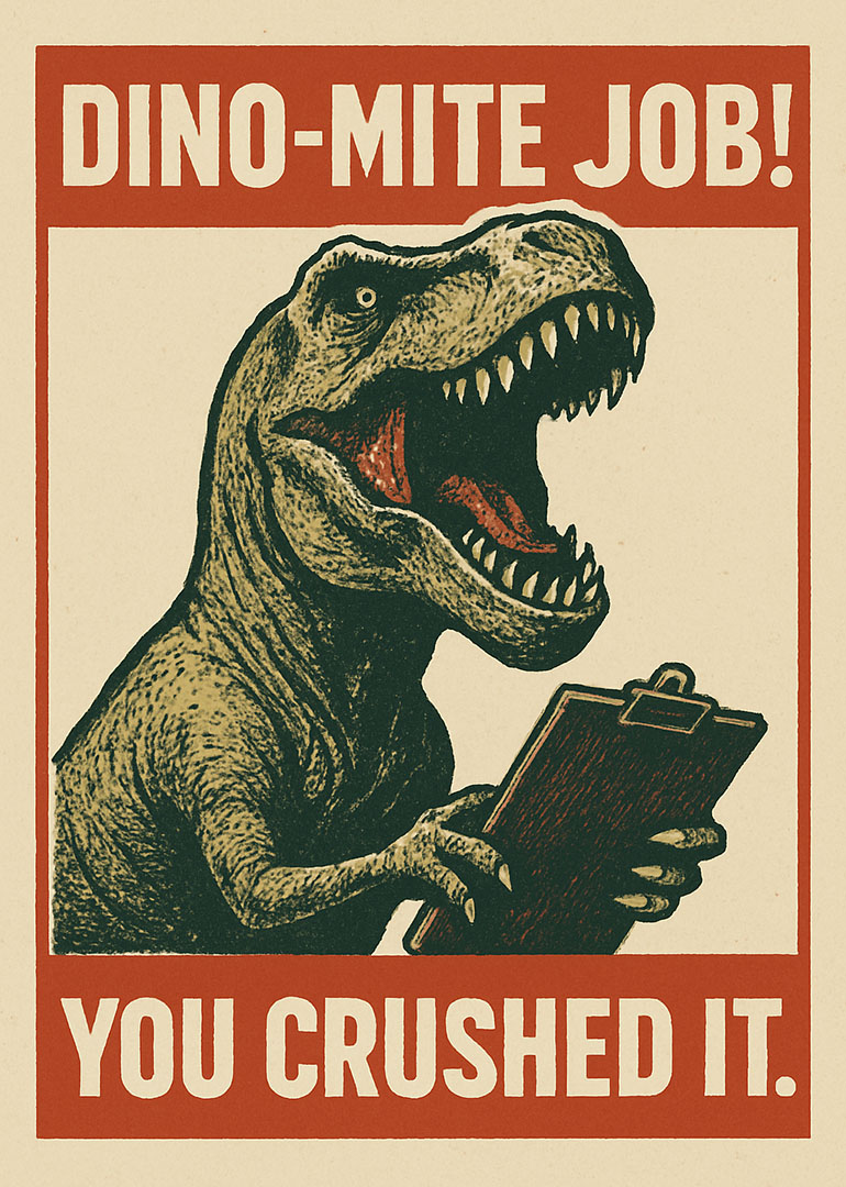 Dinosaur holding clipboard with text praising a great job done