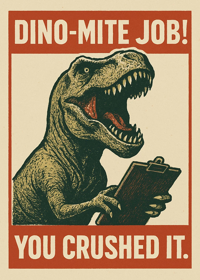A roaring dinosaur holds a clipboard beneath the words Dino-mite Job You Crushed It today.