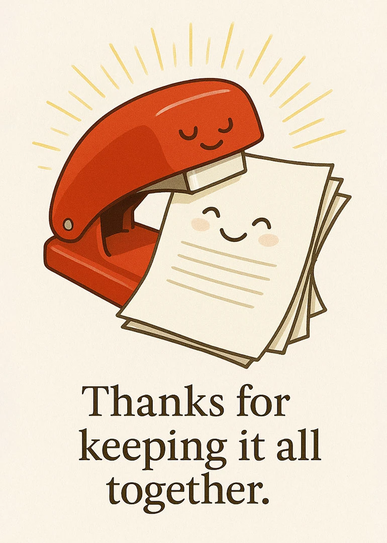 A smiling red stapler hugs papers above the message thanks for keeping it all together.
