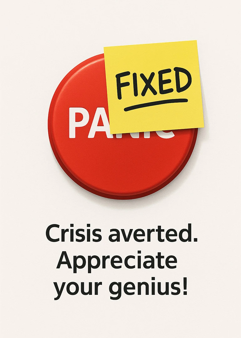 Red panic button with fixed sticky note and crisis averted text in a funny design.