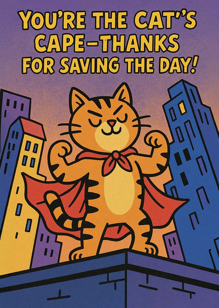 A superhero cat in a red cape thanks someone for saving the day with humour.