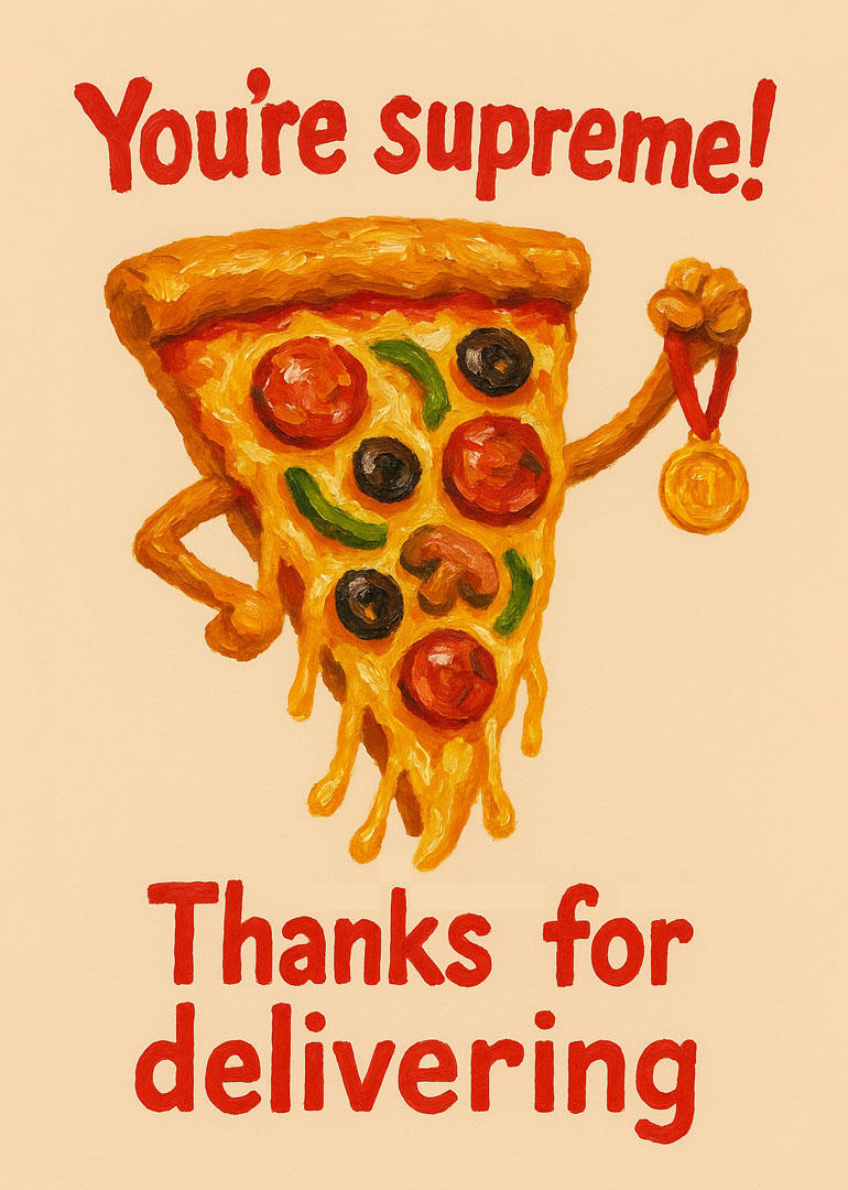 Illustration of pizza slice holding medal with thanks for delivering text