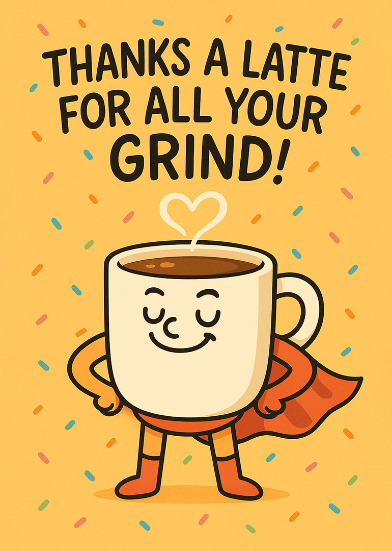 Cartoon coffee cup superhero with heart steam and colorful confetti background