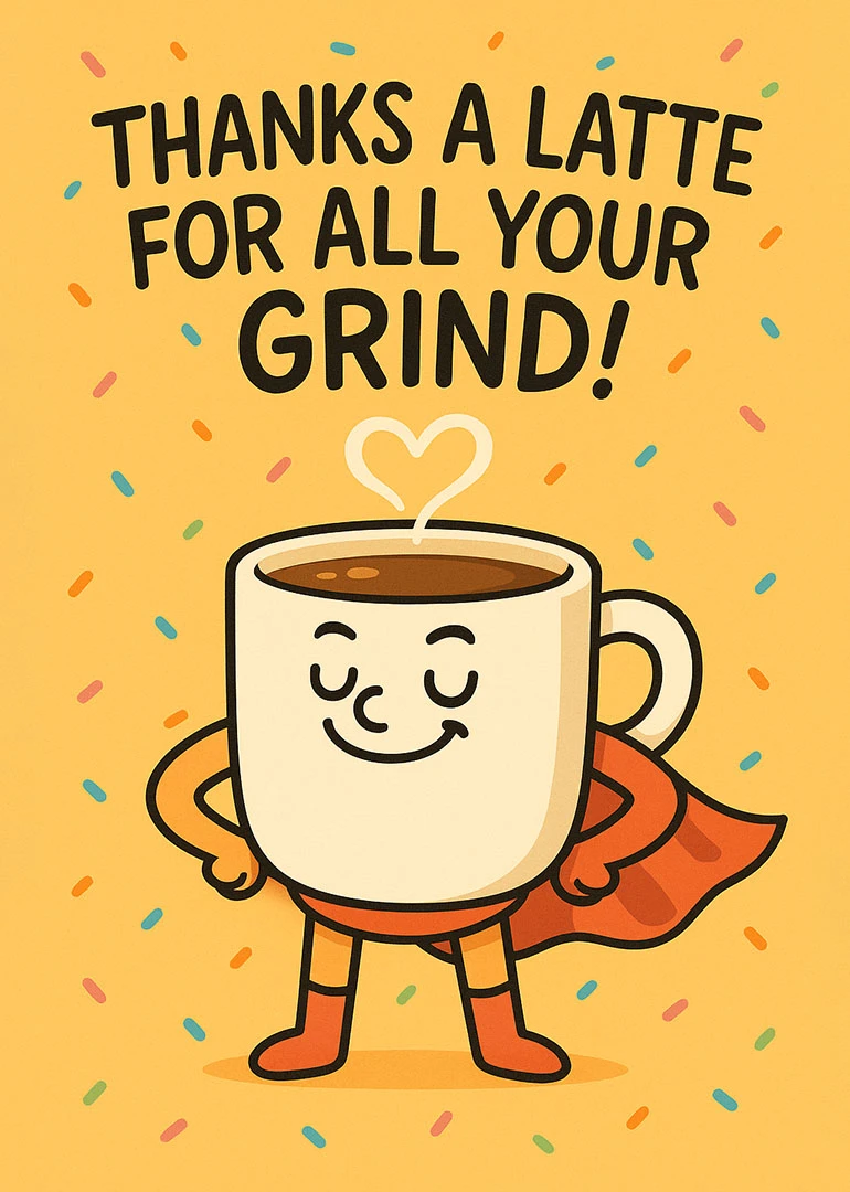 Smiling coffee cup superhero with thank you pun and heart on yellow confetti background.