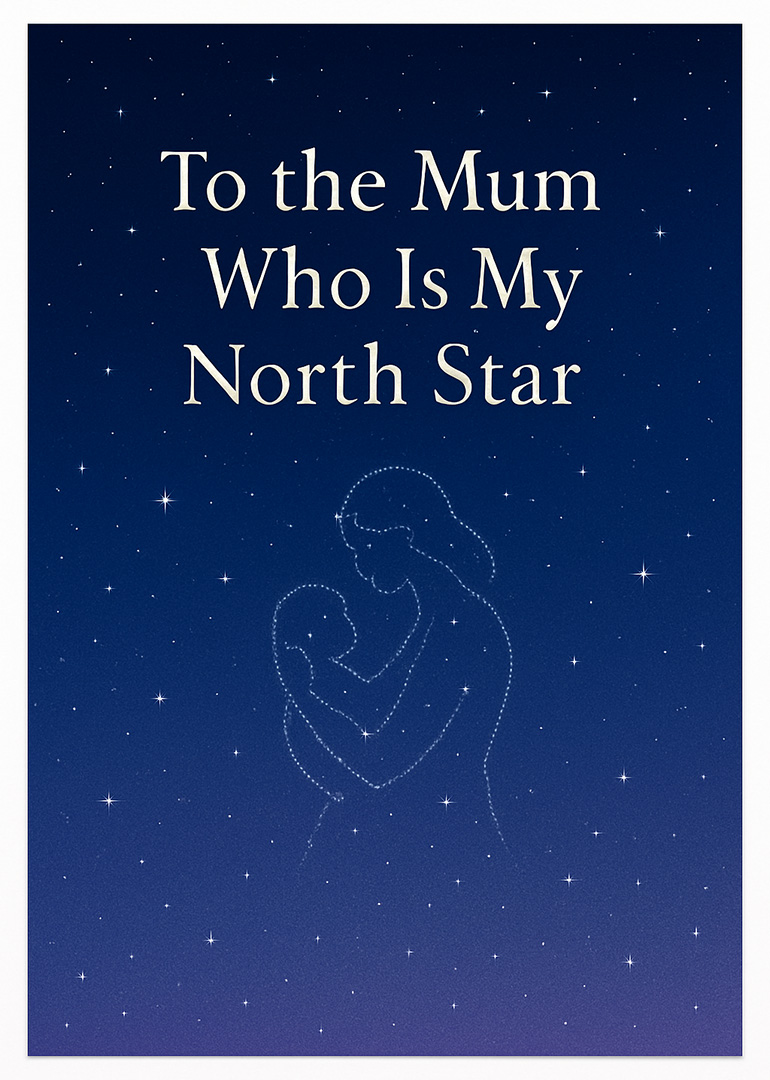 Starry night card with constellation of mother holding baby and heartfelt message