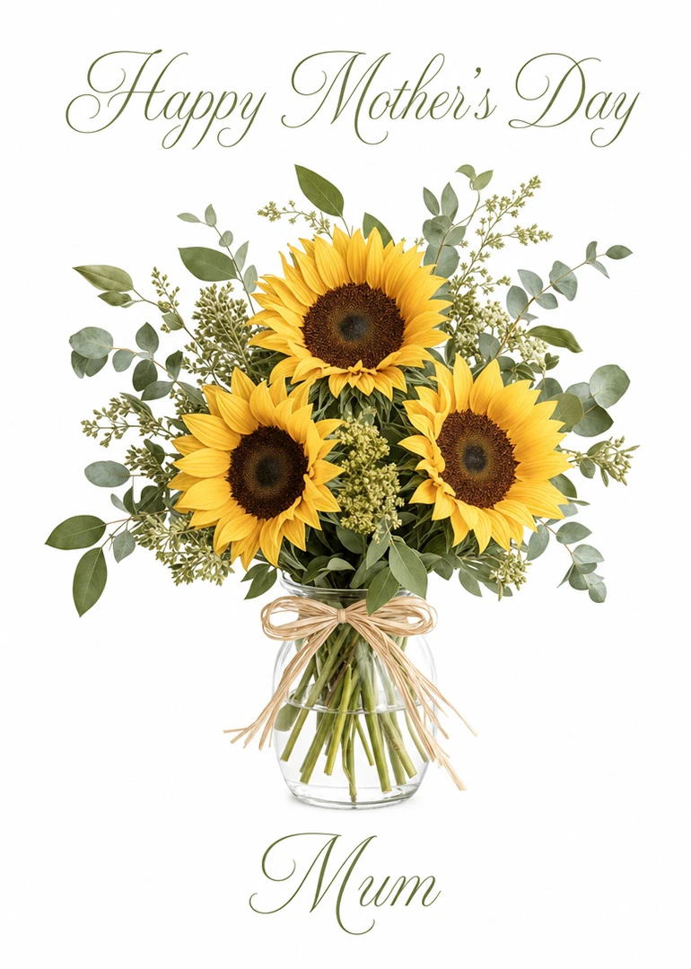Sunflower bouquet in a glass jar with bow and Happy Mother's Day Mum wording below.