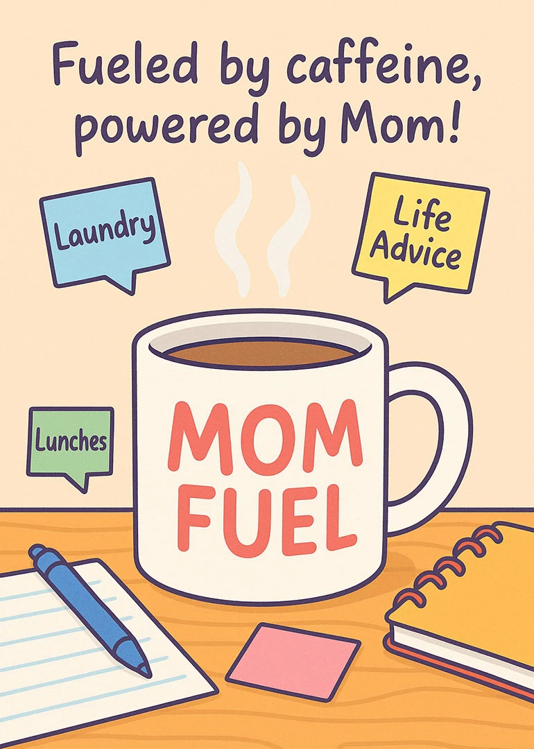 Coffee mug card saying Mom Fuel with laundry, lunches, and life advice notes.