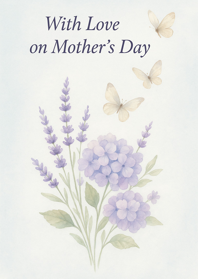 Watercolor card with lavender flowers and butterflies for Mother's Day