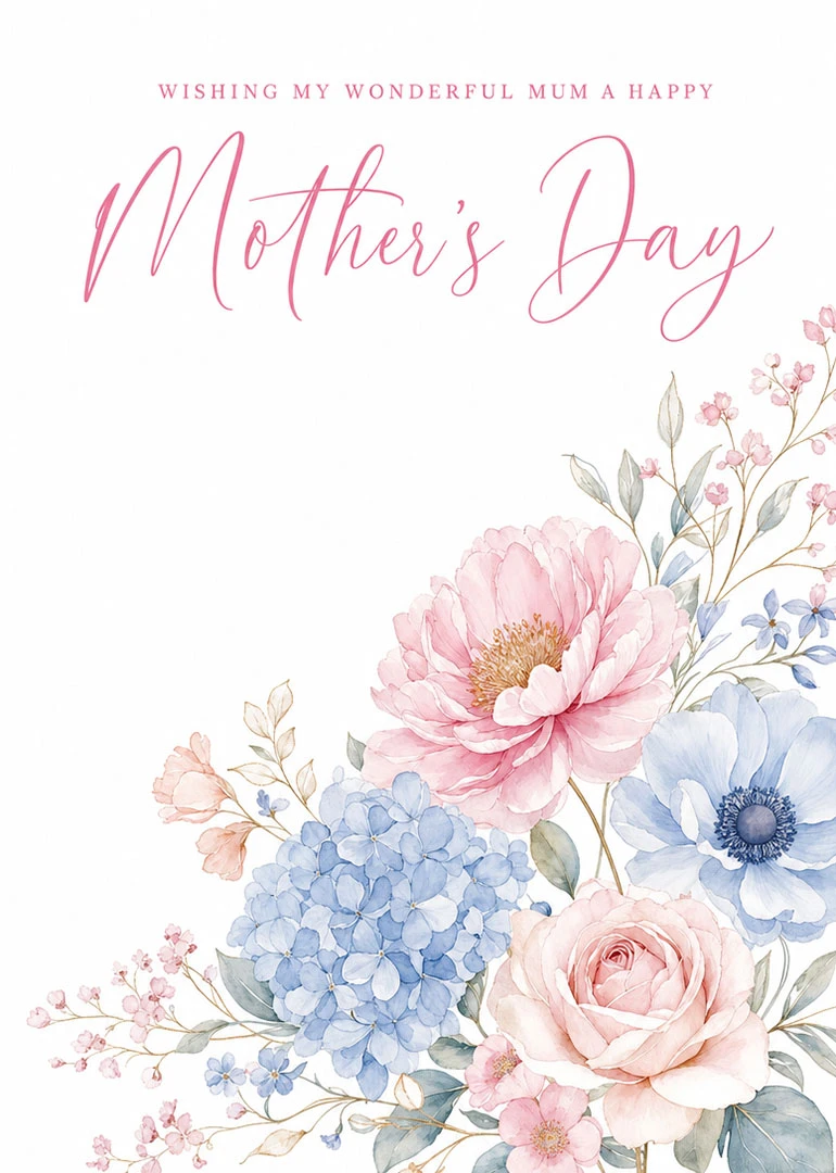 Watercolor pink floral Mother's Day card with elegant script wishing wonderful mum a happy day.