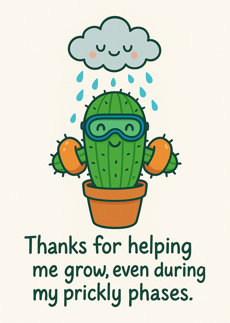 Smiling cactus in pot with goggles and cloud raining above with thank you message