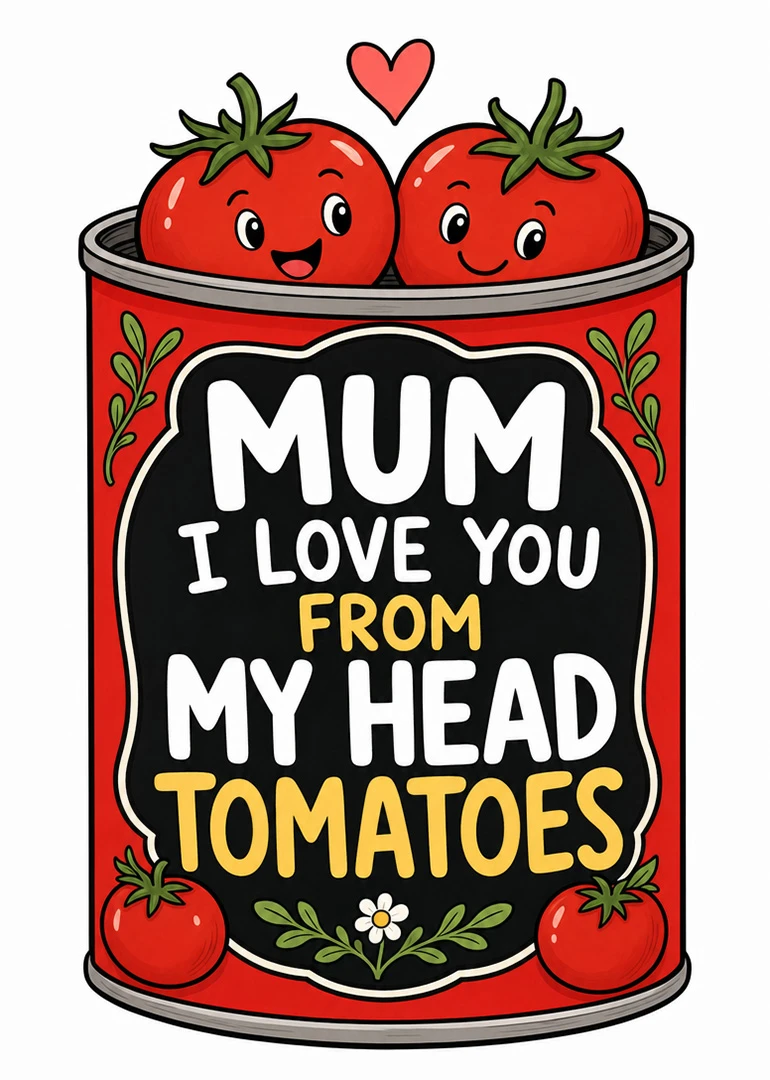 Cute red tomato can card with smiling tomatoes and heart for Mum, featuring a playful pun.