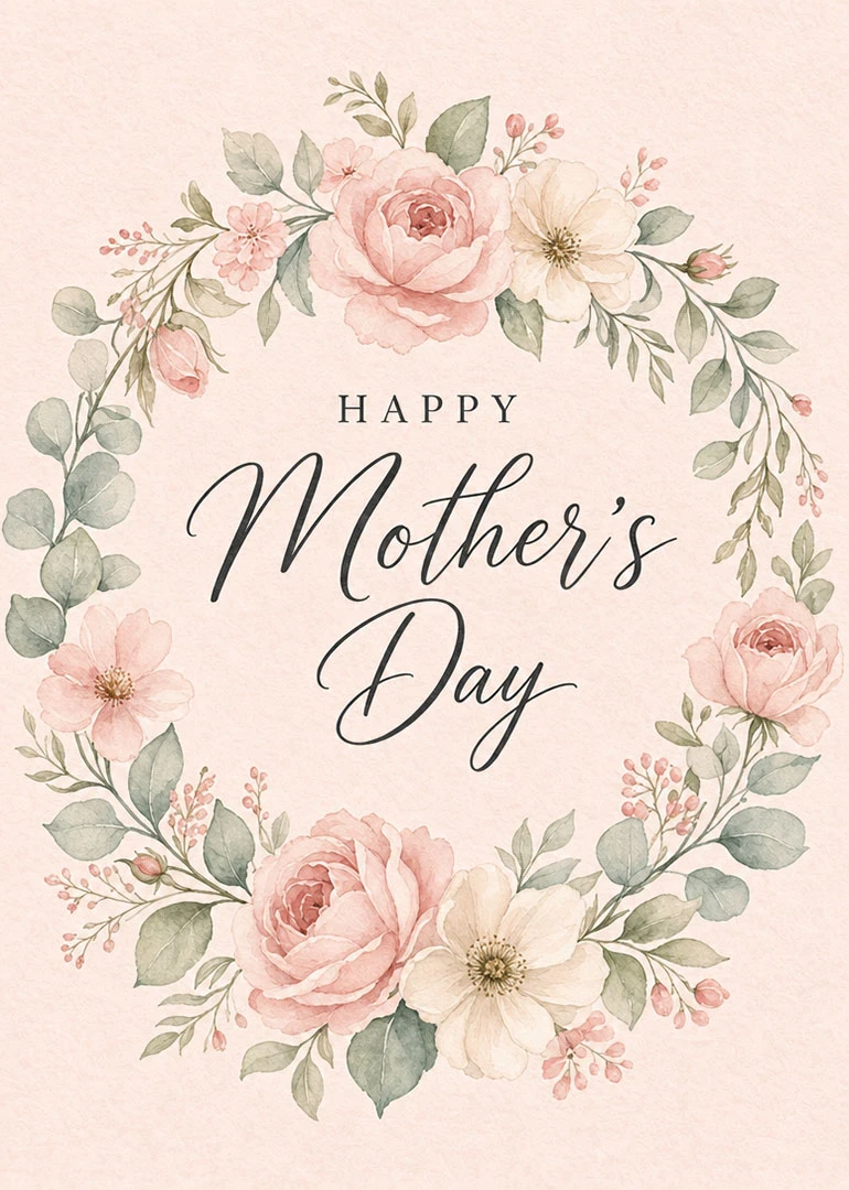 Pink floral wreath with Happy Mother's Day text in elegant script on a soft background.
