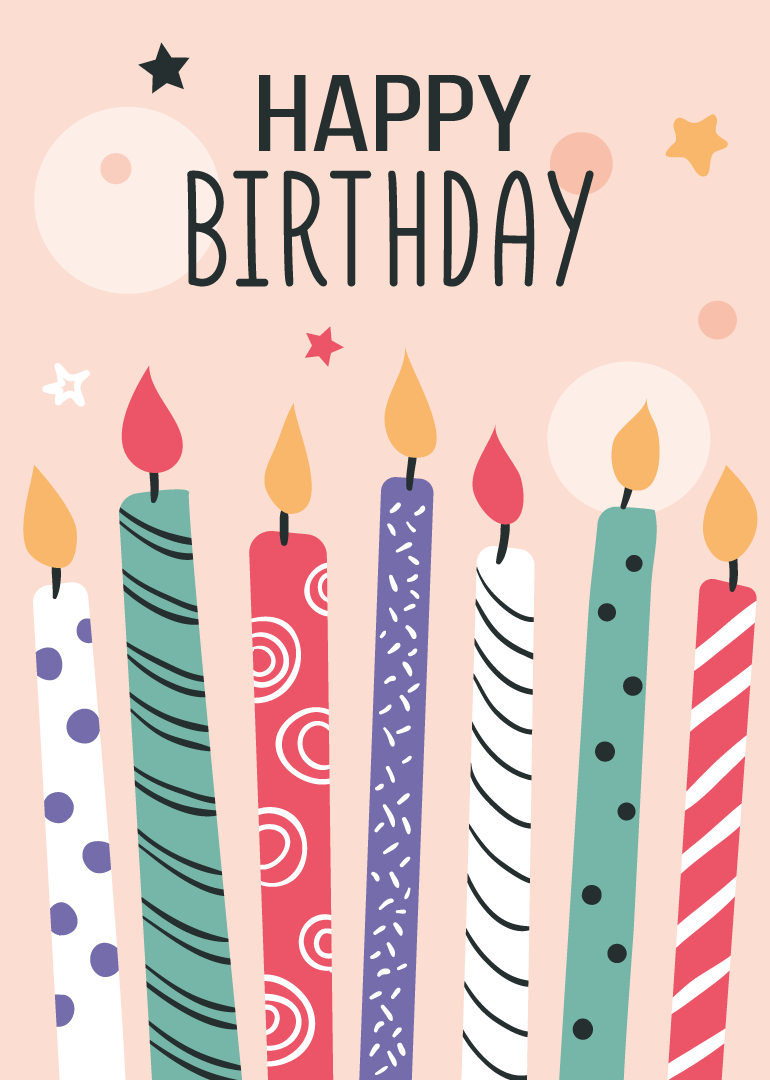 Birthday card with colorful candles and happy birthday text on soft pink background