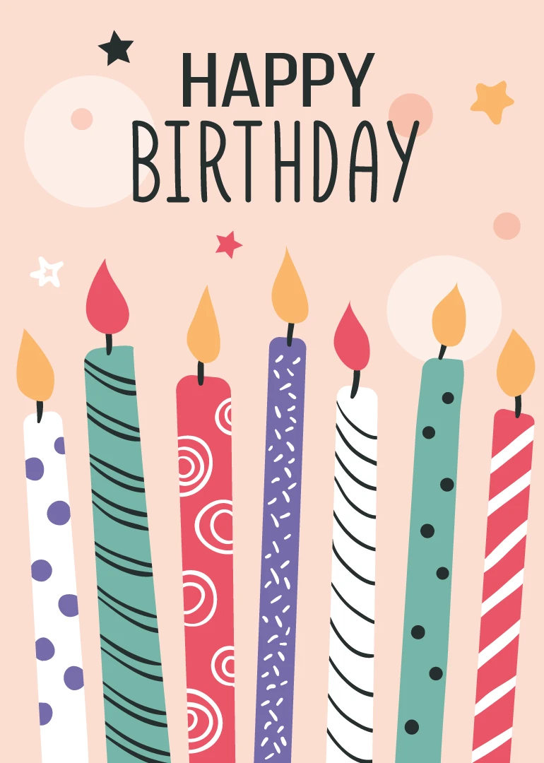 Pastel birthday card with tall patterned candles, flames, stars, and Happy Birthday text.