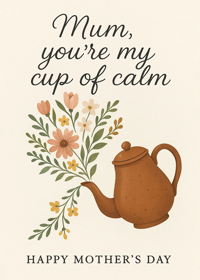 Floral teapot with flowers and handwritten Mum, you're my cup of calm Mother's Day message.
