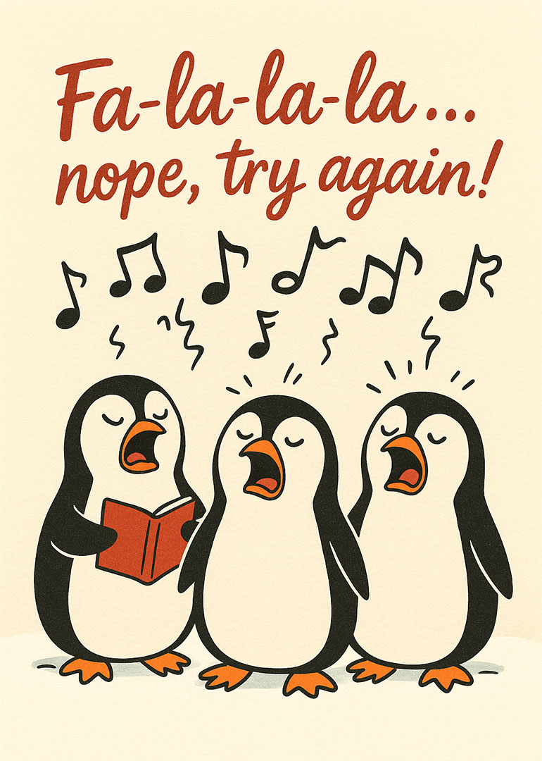 Three cartoon penguins singing with musical notes and funny Christmas text