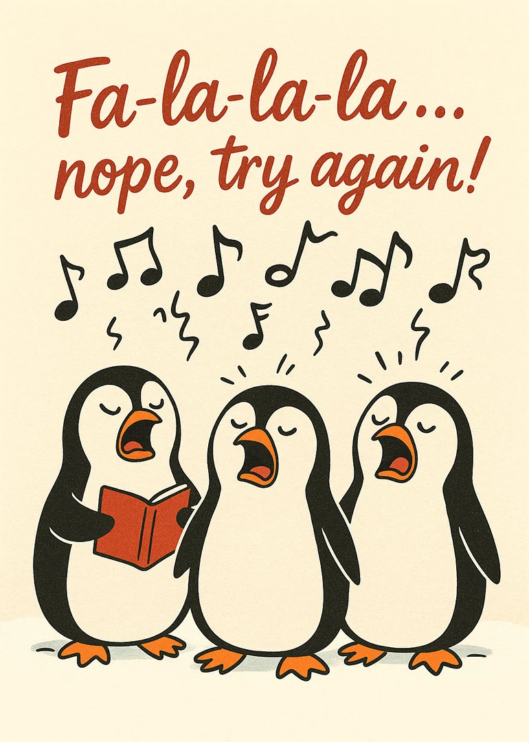 Three penguins sing off key with musical notes and a book beneath festive wording above.