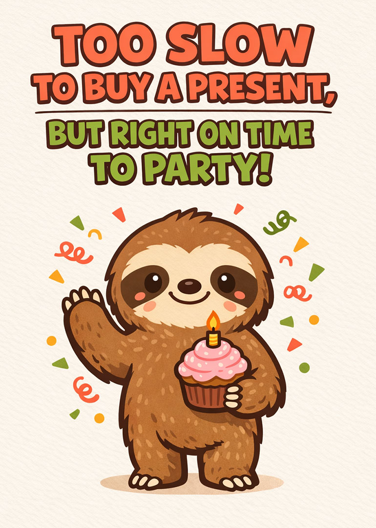 Cartoon sloth holding cupcake with candle and party confetti