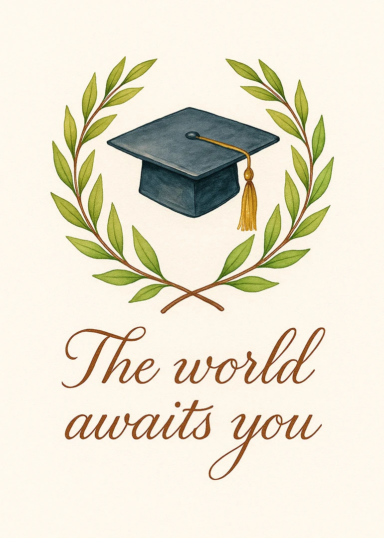 Watercolor graduation cap framed by a laurel wreath with the words The world awaits you.