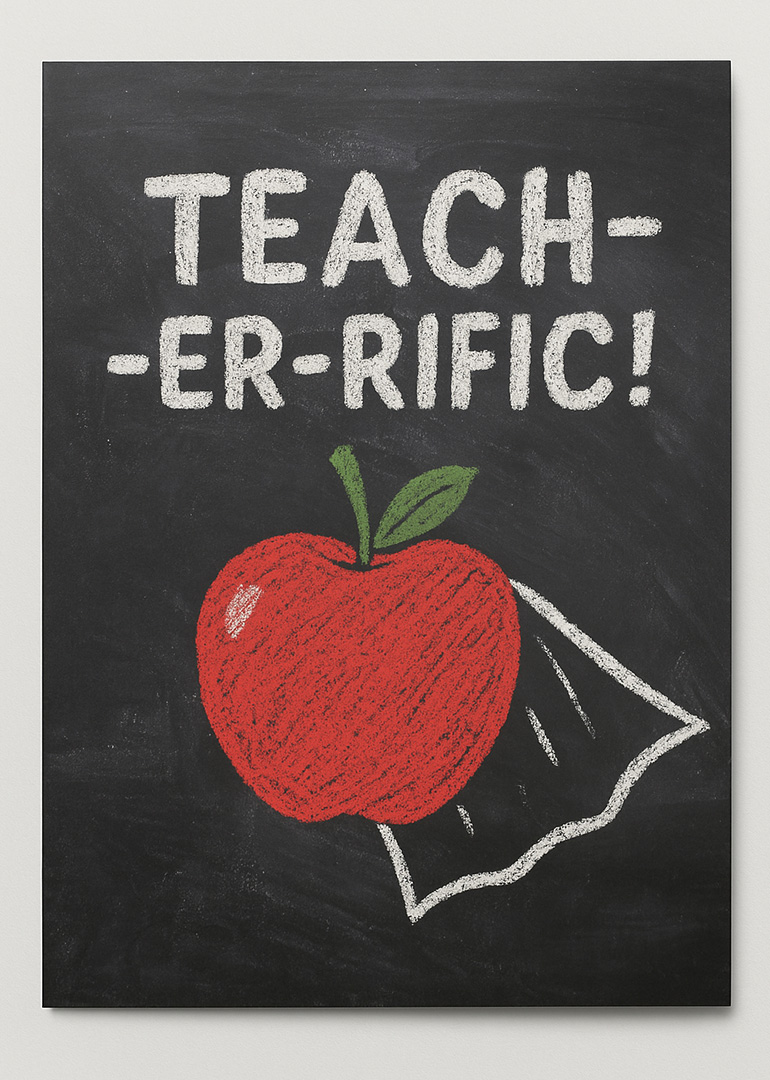 Chalkboard card with red apple and teacher pun in white chalk