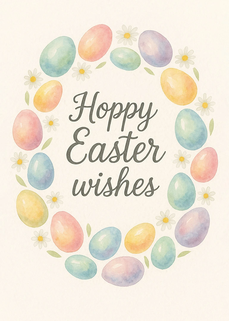 Watercolor pastel eggs and daisies frame the words Hoppy Easter wishes on a cream background.