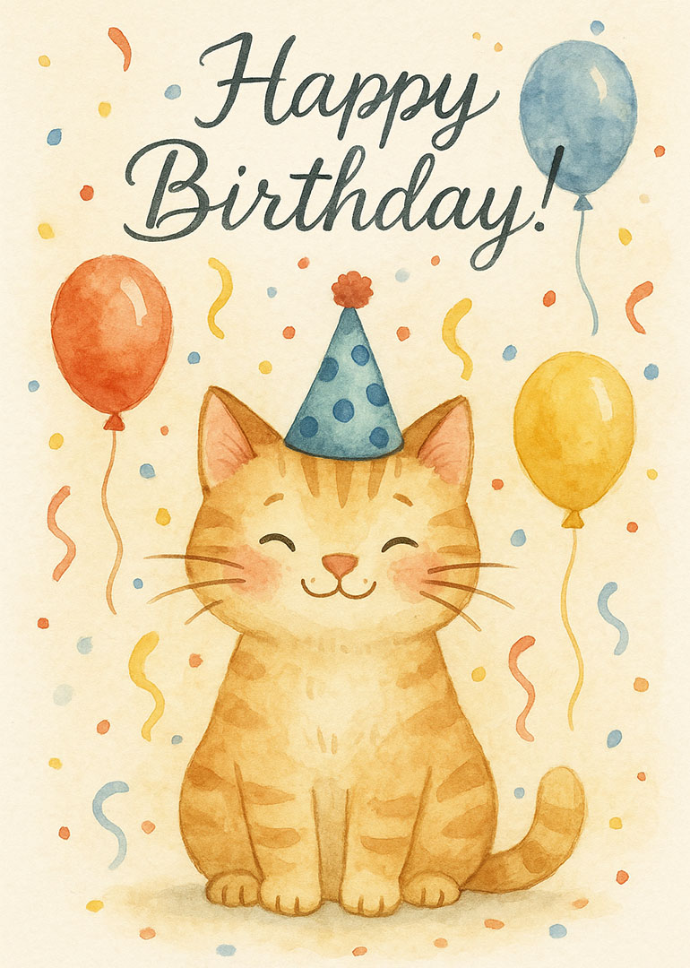 Watercolor birthday card with smiling cat, party hat, balloons, and confetti
